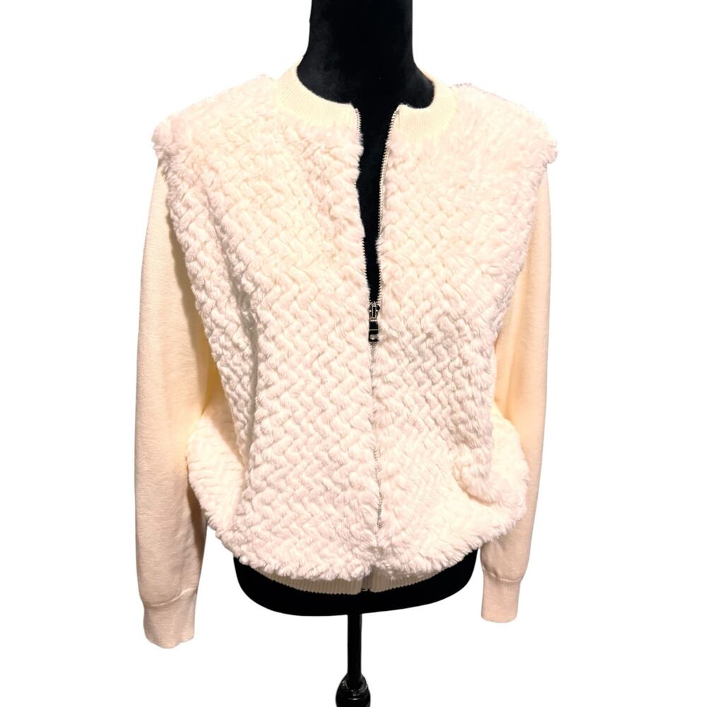 Roman Originals Faux Fur Funnel Neck‎ Zip Jacket for Women UK‑Cream –Size XL NWT